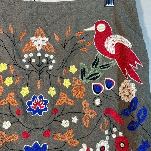 Altard State Womens Sz L Embroidered Linen Cotton Mini Skirt Floral Birds PomPom - Picture 3 of 5